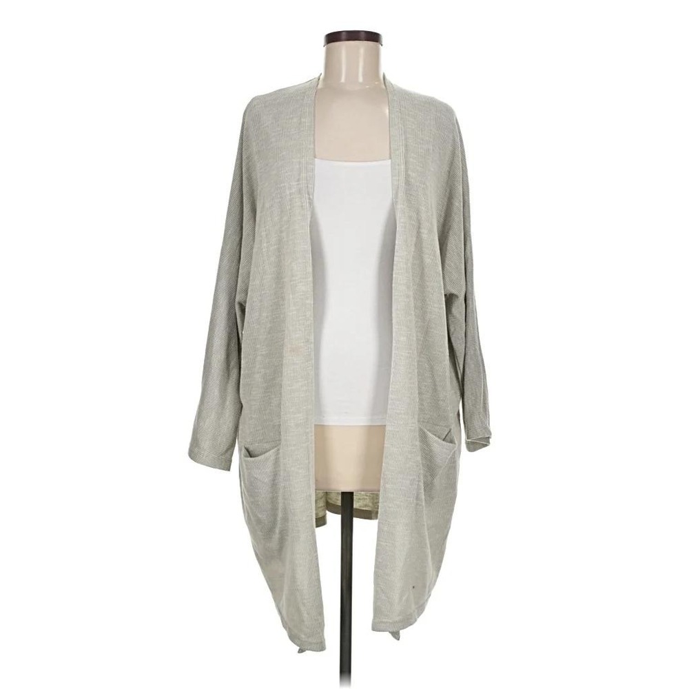 Donni Women's XL L Gray Ribbed Knit Open Front Longline Cardigan Duster Pockets